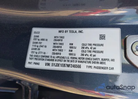 2022 Tesla Model 3 Long Range Dual Motor All-Wheel Drive из США, поврежденный, VIN 5YJ3E1EB7NF246566